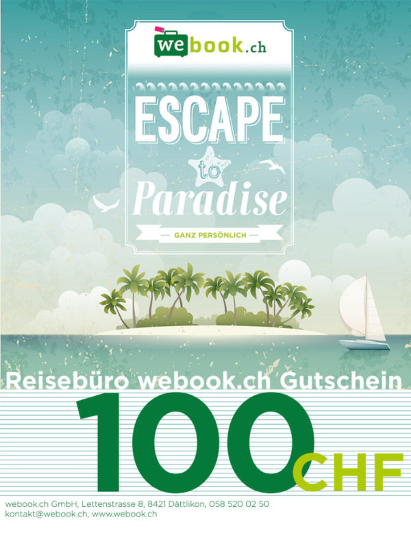 webook.ch Reise Gutschein im Wert von 50 CHF. Schweizer Reiseartikel Online Shop weshop.ch
