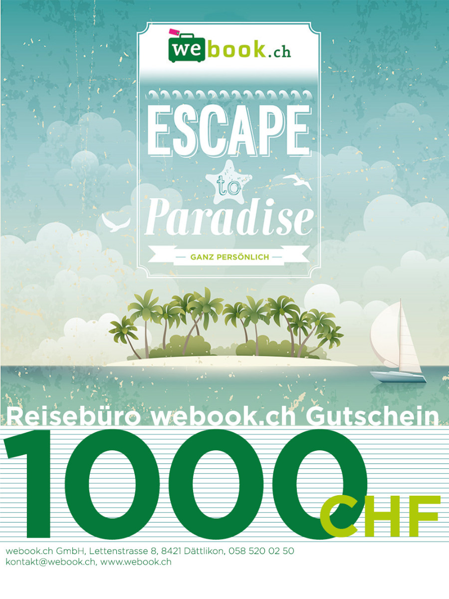 webook.ch Reise Gutschein im Wert von 500 CHF. Schweizer Reiseartikel Online Shop weshop.ch