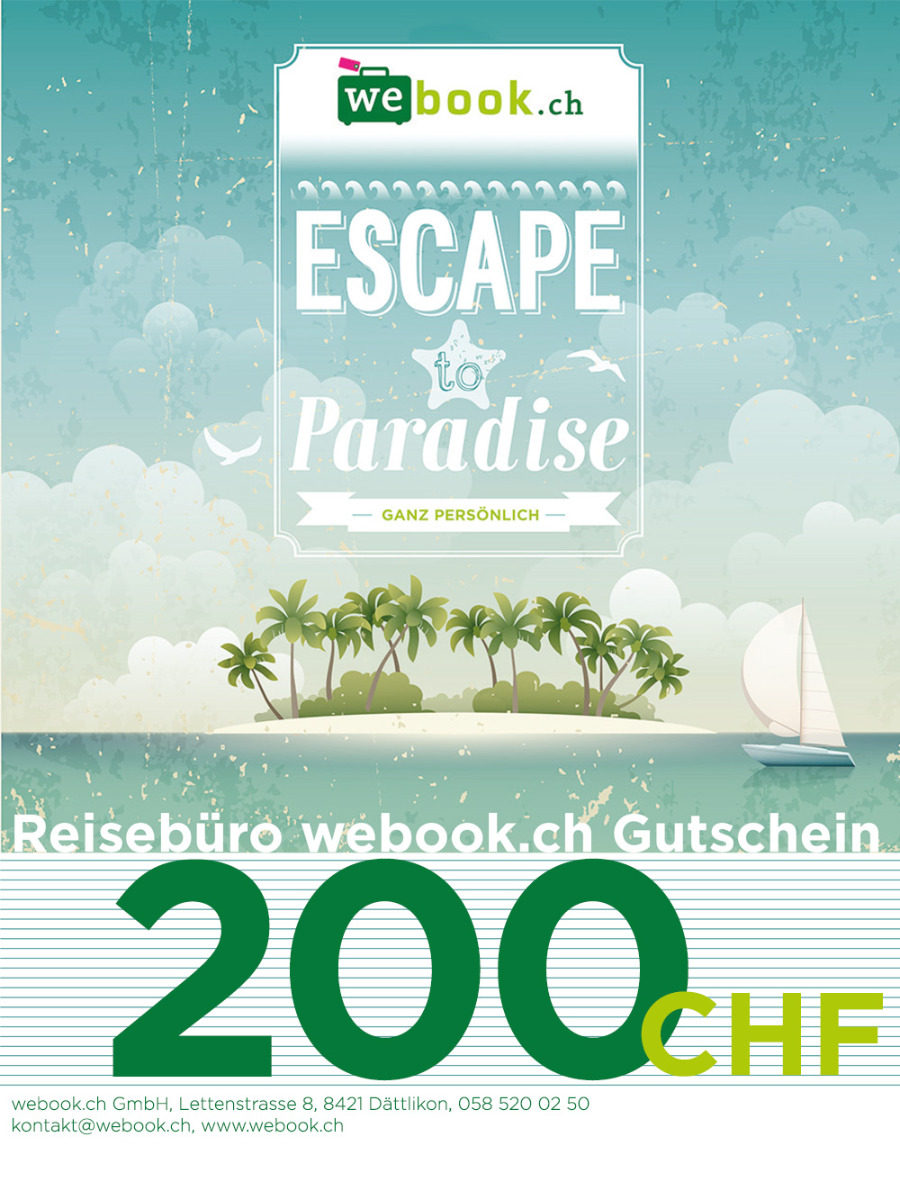 webook.ch Reise Gutschein im Wert von 200 CHF. Schweizer Reiseartikel Online Shop weshop.ch